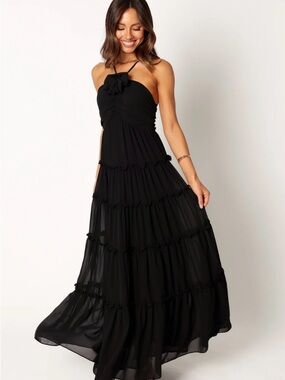 Petal & Pup Black Dottie Halterneck Tiered Maxi Dress